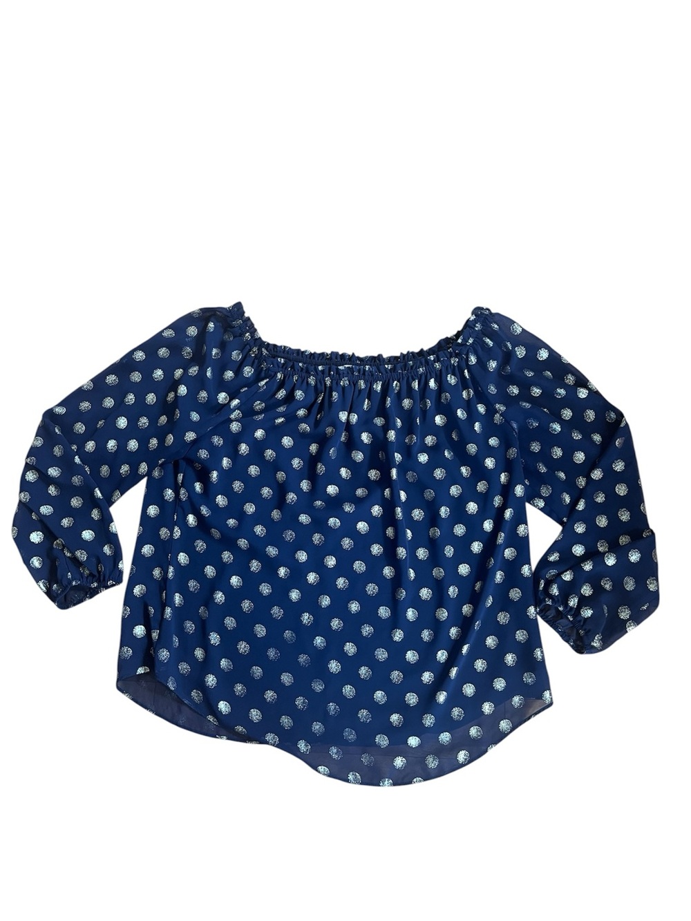 Joseph Ribkoff Navy and Gold Polka Dot Off-Shoulder Pillow Sleeve Ruffle Blouse - Picture 3 of 12
